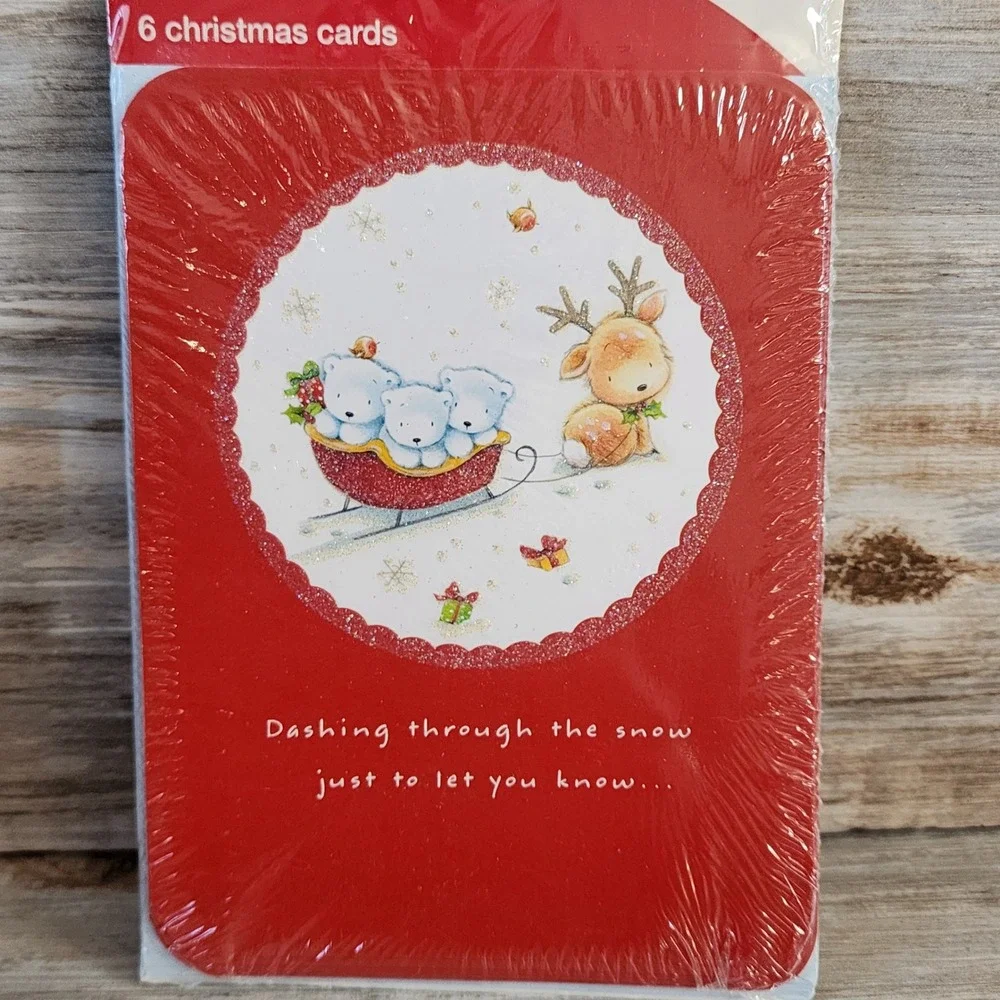 Vintage Style Christmas Cards 6 Pack Polar Bears Reindeer Sleigh Glitter Red